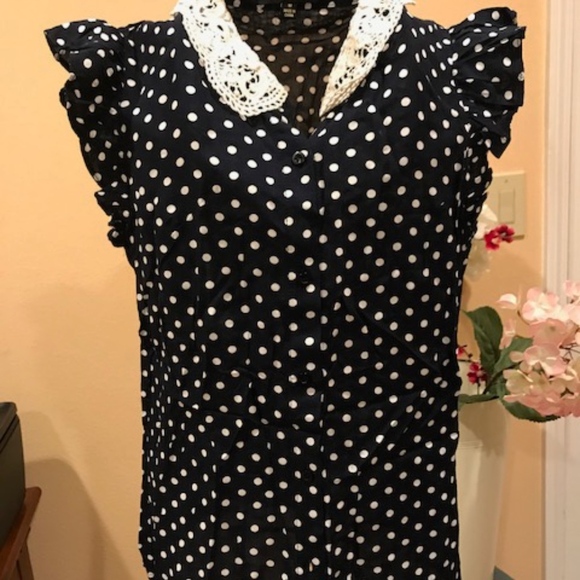 Polka dot Button Down Blouse with Lace Collar and Ruffled Sleeves - Picture 2 of 7